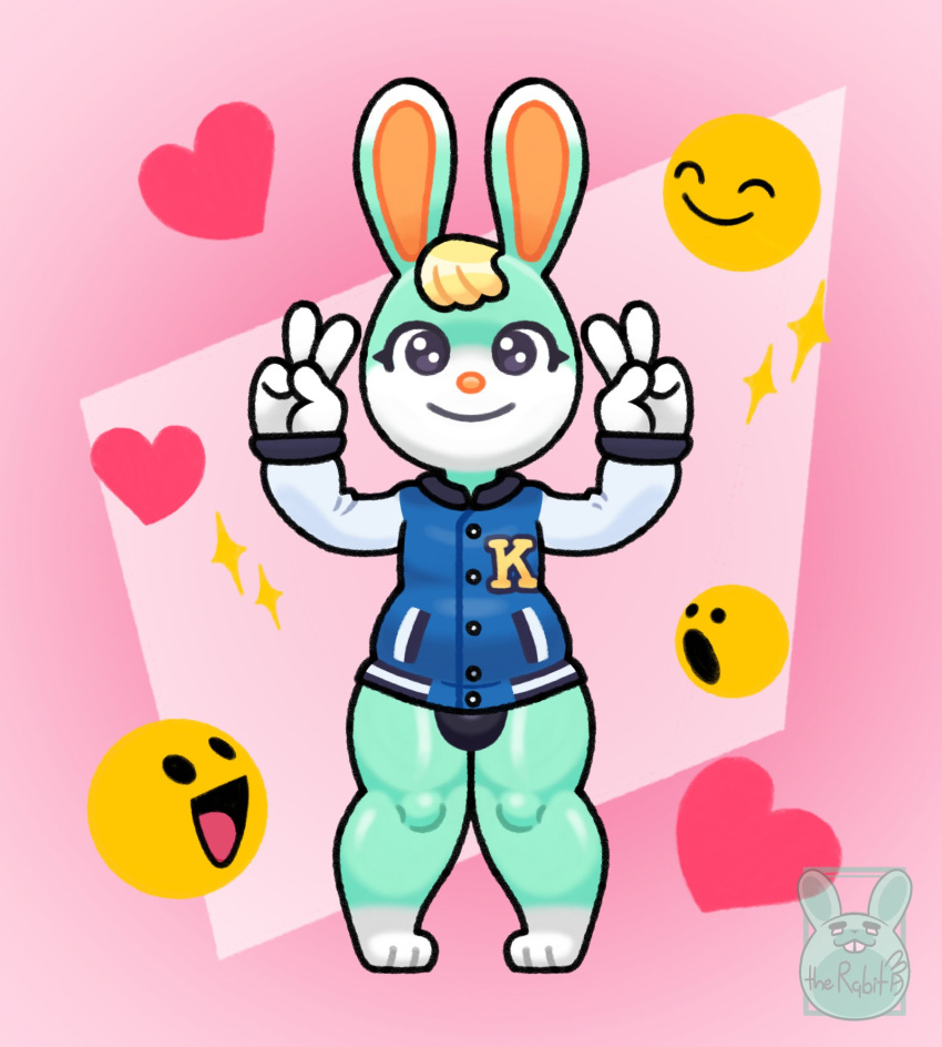 animal_crossing anthro bulge bunny cute emoji furry green_fur happy jacket looking_at_viewer male male_focus male_only nintendo peace_sign rabbit rabbit_ears rabbit_humanoid sasha_(animal_crossing) smiling the_ornyrabi77 therabit underwear