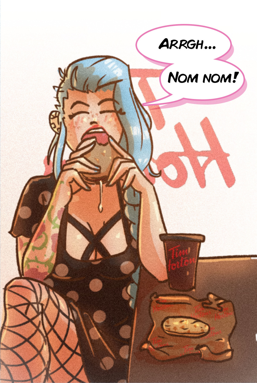 black_dress blue_eyes blue_hair breakfast fishnet_legwear fishnet_stockings fishnets maximaldraws pierced_ear pierced_lip piercing piercings polka_dot_dress side_cut sidecut tattoo tattooed_arm tattooed_chest tattoos tim_hortons torn_fishnets yumy_koli