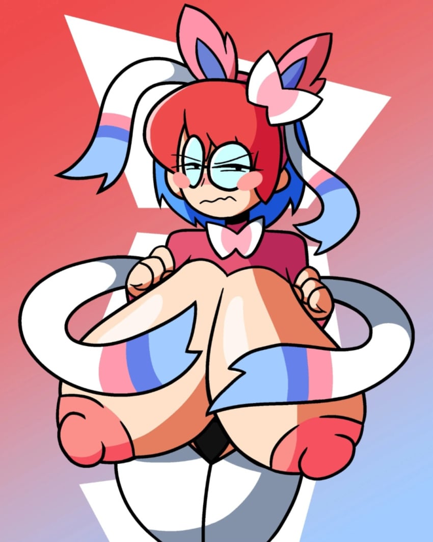1girls big_breasts black_panties bluesky_link blush breasts bsky_link digital_drawing_(artwork) digital_media_(artwork) embarrassed female female_focus female_only glass hyper_breasts jaktroose looking_at_viewer nipples panties penny_(pokemon) pokemon pokemon_sv pose posing sylveon_(cosplay)