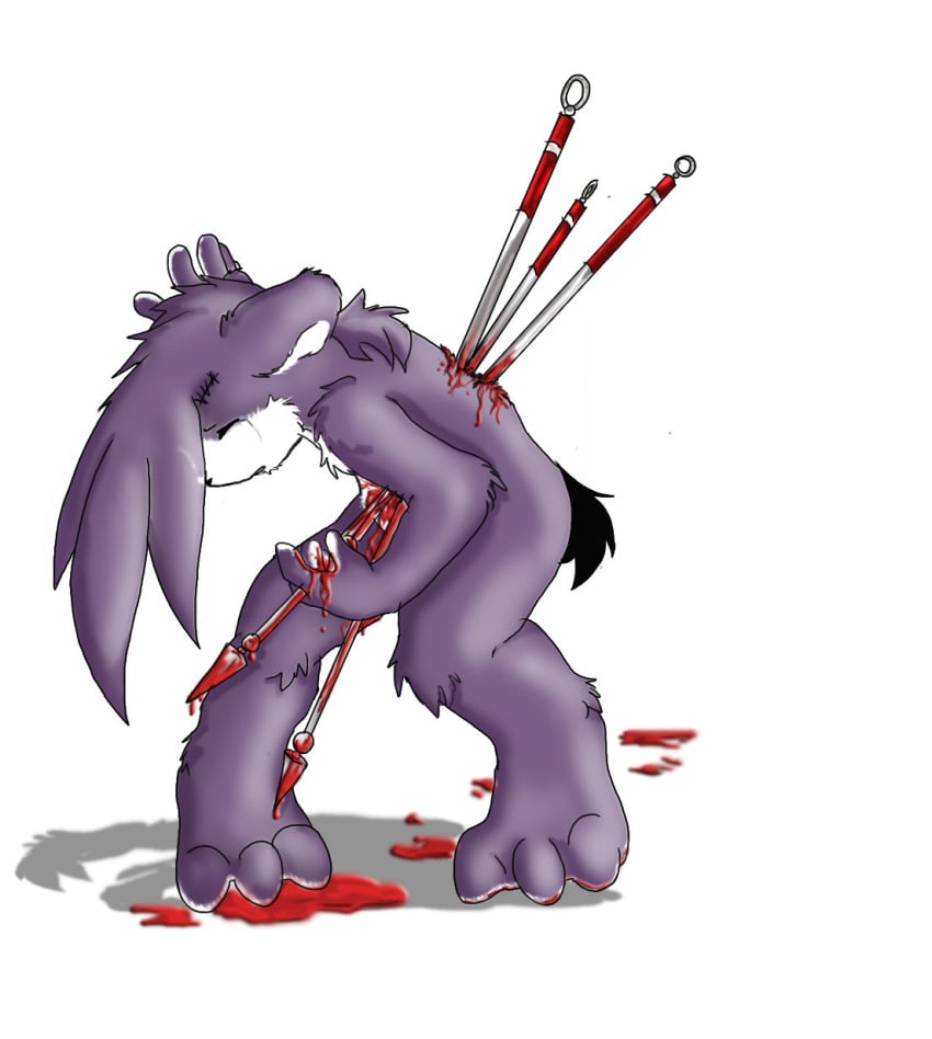 1boy black_nose bleeding blood blood_drip blood_stain bloody_spear celestial closed_eyes color crying fur furry furry_ears gore guro impalement injury male male_only nude polearm puncture purple_fur red_blood scar solo spear standing still_alive tear white_background white_fur wound