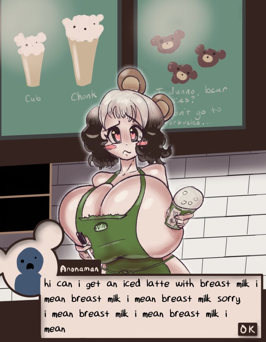 1girls 2d_(artwork) apron apron_only ass barista bear_ears beautiful_woman black_hair breasts cleavage dialogue english_text female female_focus female_only heart_eyes heart_symbol hips hyper hyper_breasts iced_latte_with_breast_milk kokido large_breasts mature_woman nude nude_female text thick_thighs thighs white_hair wholesome wholesome_as_fuck wide_hips