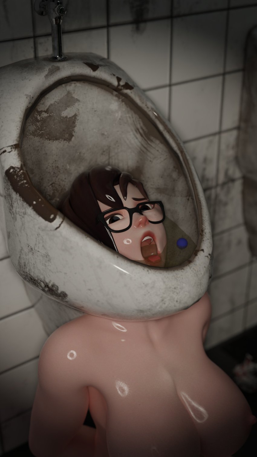 3d asian blizzard_entertainment bloggerman dirty dirty_toilet female female_focus female_only forniphilia glasses human_toilet human_urinal humiliated humiliation large_breasts lipstick megane mei_(overwatch) open_mouth overwatch peeing public public_nudity public_restroom red_lipstick solo solo_female solo_focus toilet urinal urine