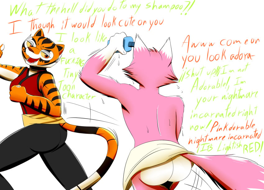 anthro anthro_only ass canid canine canis embarrassed furry furry_only humiliated humiliation kung_fu_panda male master_tigress pink_body pink_fur prank the_killer_wc tkwc_(character) two_tone_body two_tone_fur