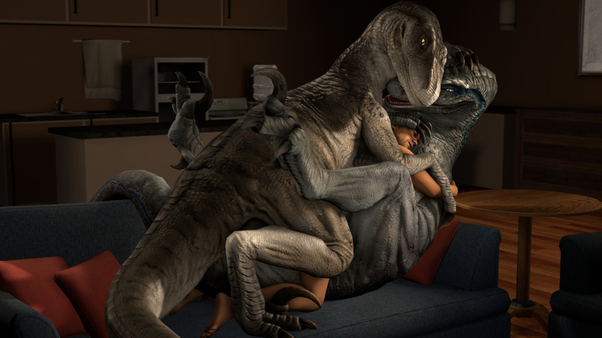 16:9 2021 3d_(artwork) 4k absurd_res ambiguous_gender blue_(jurassic_world) claws closed_eyes digital_media_(artwork) dinosaur dromaeosaurid embrace female feral furniture group group_sex hand_on_head hi_res hug hugging_from_behind human human_on_feral inside interspecies ivorylagiacrus jurassic_park jurassic_world lying male male/female male_on_feral mammal on_back on_sofa paws reptile sandwich_position scalie sex sharp_claws size_difference smiling sofa source_filmmaker teeth theropod threesome toe_curl universal_studios velociraptor widescreen zoophilia