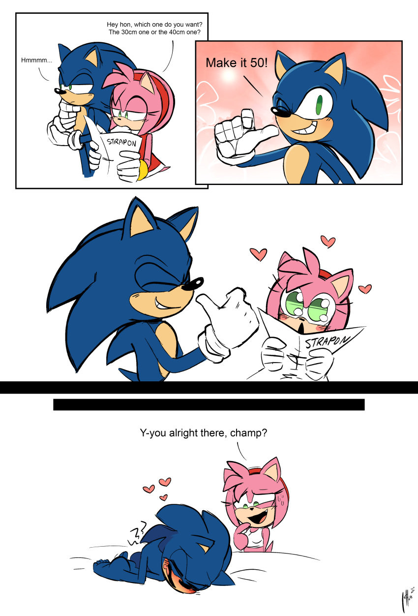 2022 after_anal after_pegging after_sex amy_rose anthro comic english_text eulipotyphlan funny hedgehog humor implied_anal implied_pegging implied_strap-on lettuce_(artist) mammal qqlettuce romantic_couple simple_background sonic_(series) sonic_the_hedgehog sonic_the_hedgehog_(series) straight wholesome