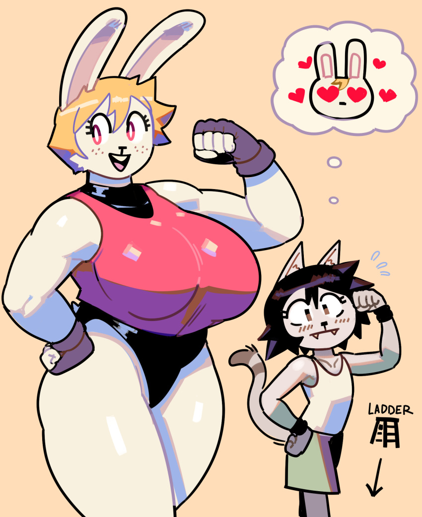 1boy 1girls anthro big_breasts black_hair blonde_hair blush breasts bunny clothing feline female fingerless_gloves freckles furry genderswap genderswap_(ftm) genderswap_(mtf) gloves lagomorph larger_female leotard male newtype_hero open_mouth paula_(newtype_hero) rabbit rob_(newtype_hero) rule_63 short_hair size_difference smaller_male smile species_swap tail thick_thighs