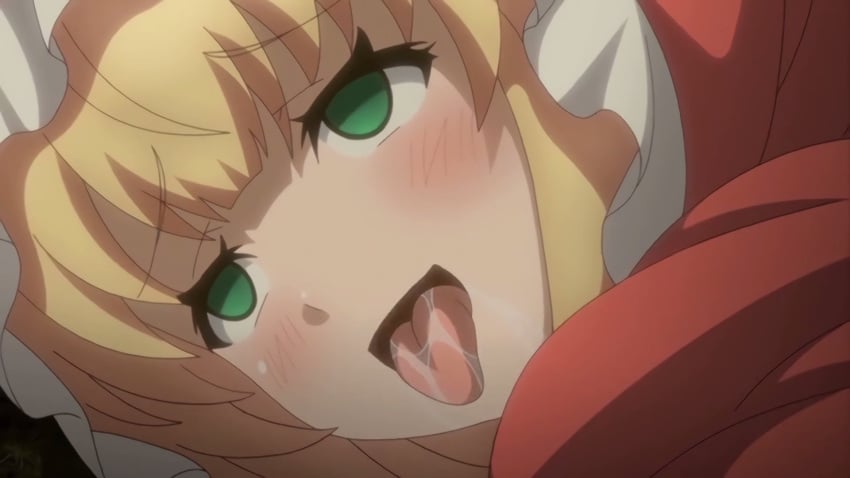 ahe_gao blonde_hair broken_rape_victim dirty_clothes empty_eyes green_eyes happy majin_label mind_break otogibanashi_no_onigokko red_riding_hood screenshot tongue tongue_out