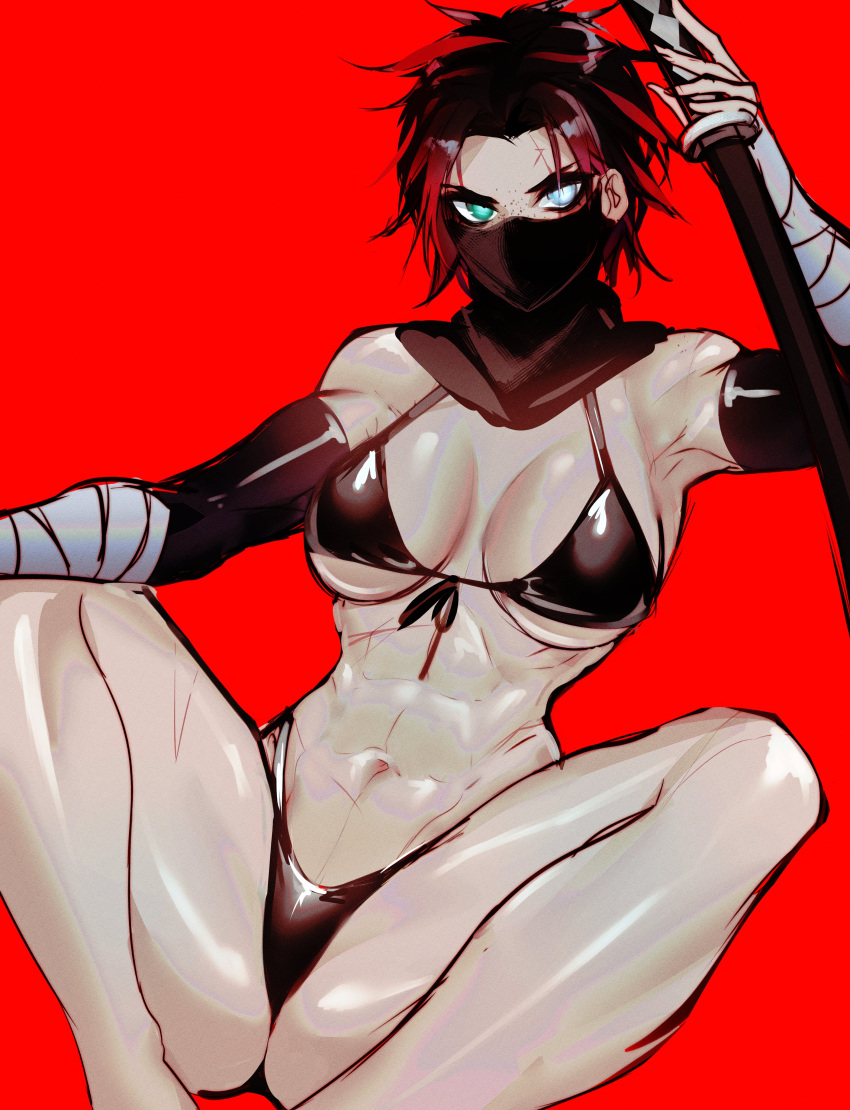 1girls abs arm_wraps ass black_bikini black_hair bladechan28 blue_eyes breasts character_request fit_female green_eyes heterochromia holding_weapon katana legs_apart long_gloves looking_at_viewer mask medium_breasts neckwear red_background red_hair scarf scars short_hair sitting slim_waist solo_female thighs two_tone_hair