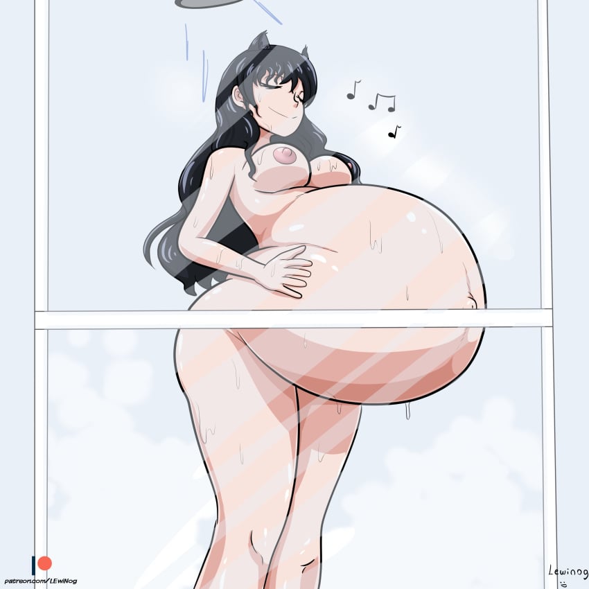 1girls belly big_belly black_hair blake_belladonna breasts cat_ears female lewinog nipples pregnant rwby shower