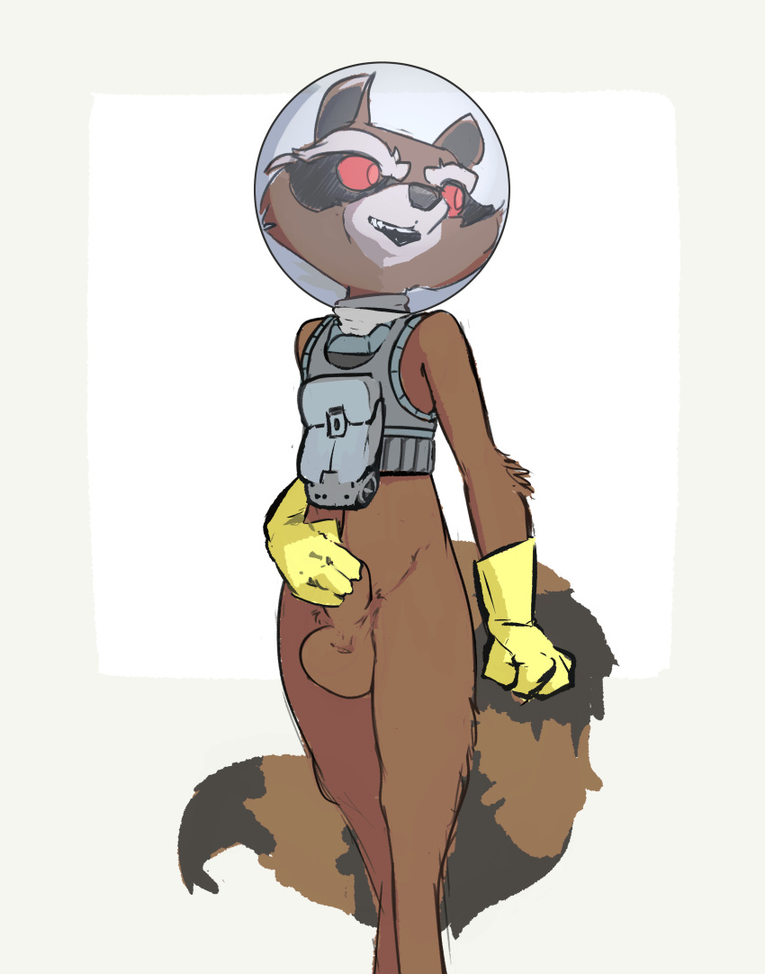 absurd_res animal_genitalia anthro balls brown_body brown_fur clothing covering covering_self fully_sheathed fur genitals gloves guardians_of_the_galaxy handwear hi_res male male_only mammal marvel mindkog mostly_nude procyonid raccoon red_eyes rocket_raccoon sheath solo space_helmet