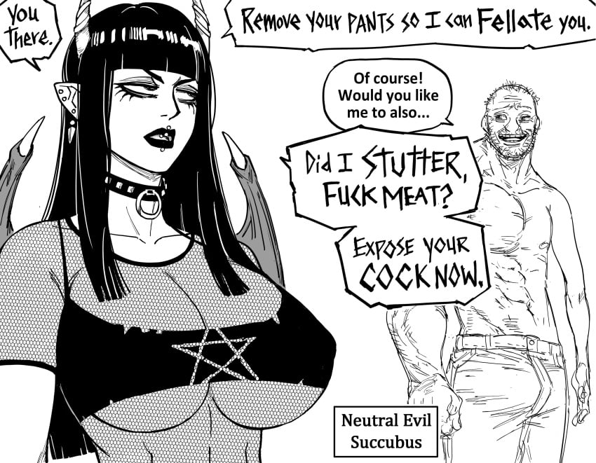 1boy 1girls alignment_chart assertive_female bangs bb_(baalbuddy) big_breasts black_hair black_lipstick blunt_bangs choker coomer demon_horns demon_wings dialogue ear_piercing english_text female fishnets goth horns large_breasts lip_piercing long_hair male monochrome narrowed_eyes original pointy_ears speech_bubble straight_bangs straight_hair succubus tagme underboob very_high_resolution white_background wings