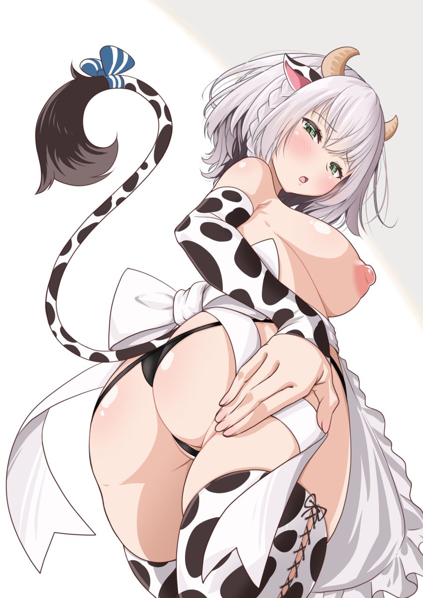 1girls absurdres alternate_version_available animal_ears animal_print apron ass big_breasts black_panties blush bow breasts censored cow_ears cow_horns cow_print cow_tail detached_sleeves female green_eyes grey_hair highres hololive hololive_fantasy hololive_japan horns large_breasts light-skinned_female light_skin looking_at_viewer naked_apron nipples panties shirogane_noel short_hair sideboob solo tail tail_bow tail_ornament thighhighs virtual_youtuber wavy_hair yokojima_kemomi_mi_chuushin