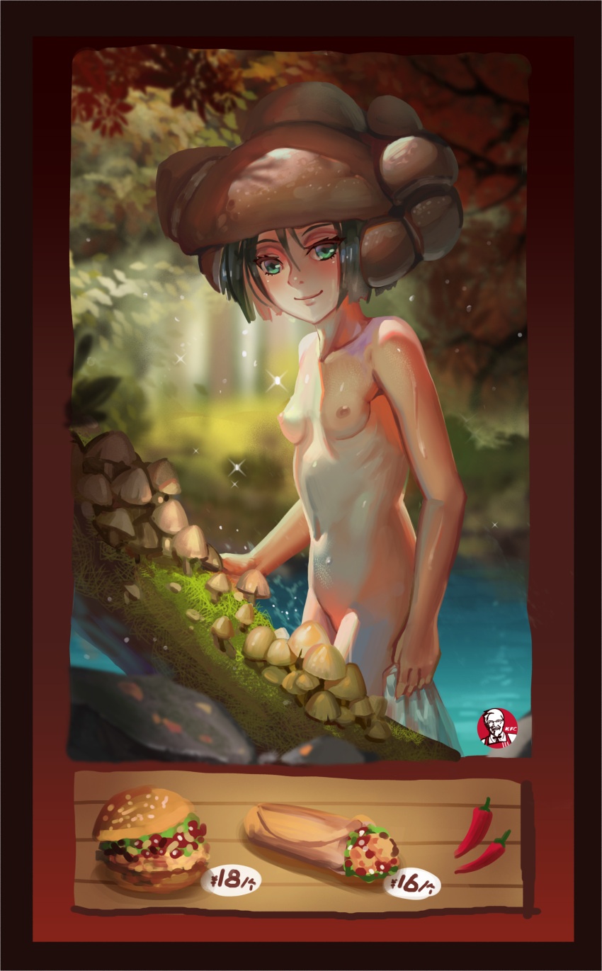 1girls background breasts burrito chili_pepper collarbone dark_green_hair female female_only foliage food forest forest_background glistening glistening_body green_eyes green_hair hambu hamburger hi_res high high_resolution highres kfc light-skinned_female light_skin mushroom mushroom_cap mushroom_girl mushroom_hat mushroom_humanoid mushrooms nude nude_female original_character painting_(artwork) plank river saber_01 small_breasts smile solo standing store sweat thin veiny_arm veiny_arms visible_ribs