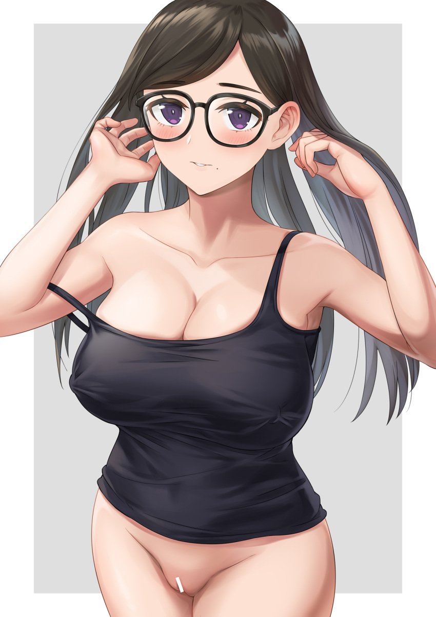 alternate_version_available asian asian_female bar_censor beauty_mark big_breasts black_hair blush blush_lines blushing blushing_at_viewer bottomless censored cleavage eyewear female glasses gosurori hi_res highres light-skinned_female light_skin long_hair looking_at_viewer minakata_hizuru mole mole_under_mouth nipple_bulge nipples nipples_visible_through_clothing pussy summer_time_render summertime_render topwear vagina violet_eyes