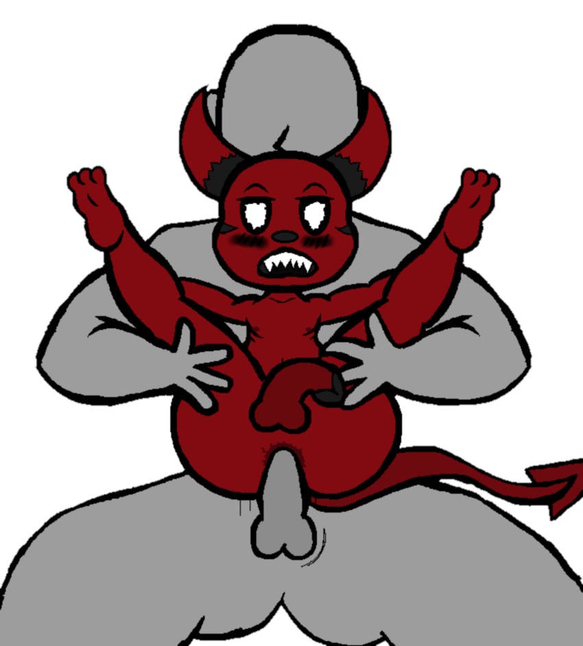 anal anon big_head demon digital_drawing_(artwork) erection grey_body hand_on_legs imp impy legs_up looking_at_viewer male male/male non-human nude okami23_(artist) open_mouth penetration penis red_body sex small_body toony