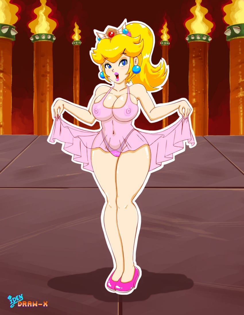 1girls babydoll big_breasts blonde_hair blue_eyes breasts busty child_bearing_hips cleavage curvy feet female female_only fire full_body heels highres idendrawx identrex large_breasts legs looking_at_viewer mario_(series) navel nintendo nipples open_mouth pink_lips ponytail princess princess_peach see-through smile solo standing super_mario_bros. thick_thighs thighs thong voluptuous wide_hips