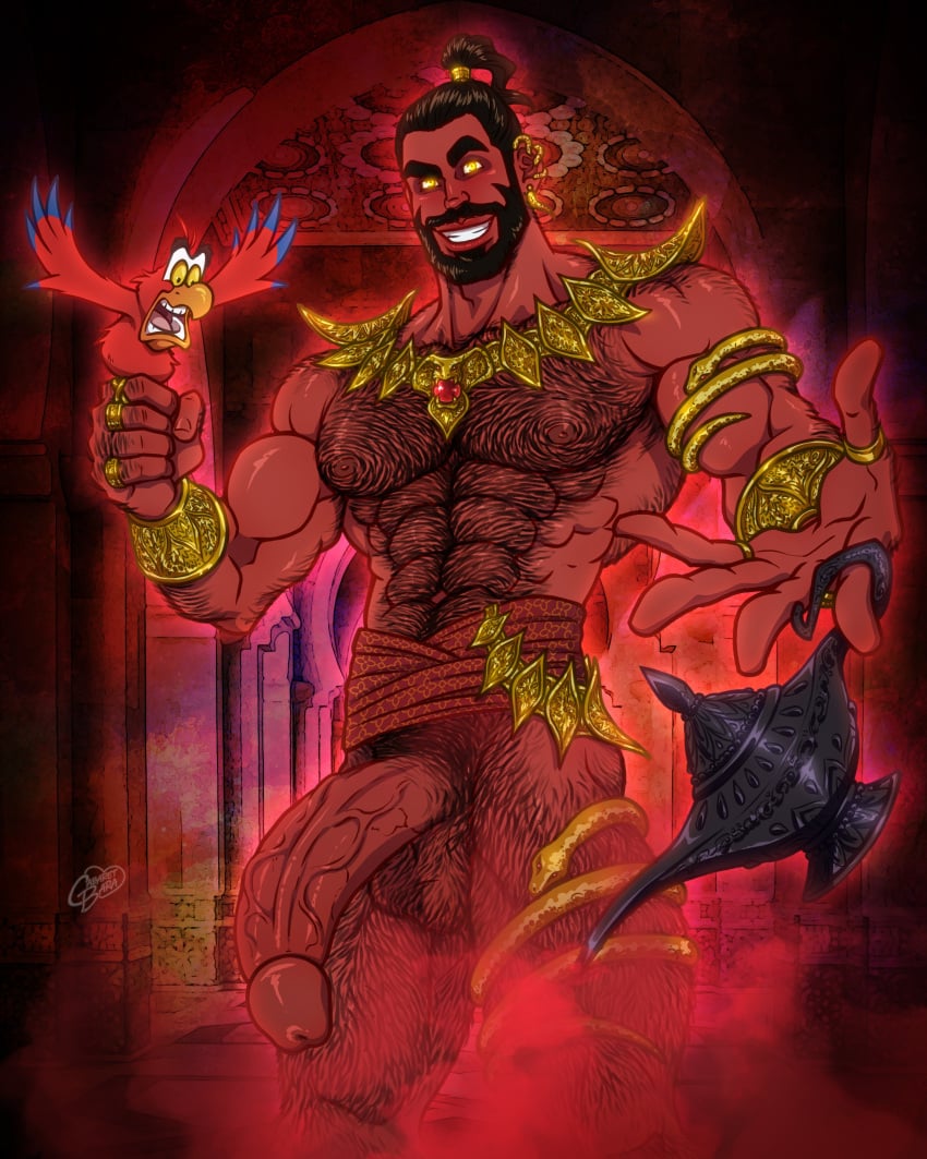 aladdin big_cock big_penis boner cabaret_bara cabaret_bara_series disney disney_villains erect_penis erection genie hairy halloween halloween_costume hard_on huge_cock iago jafar_(cosplay) jafar_(genie_cosplay) lamp latino male male_only muscles muscular muscular_male nikolaos_(cabaret_bara) red_skin teasing twitter_user_oc veiny_penis wearing_costume