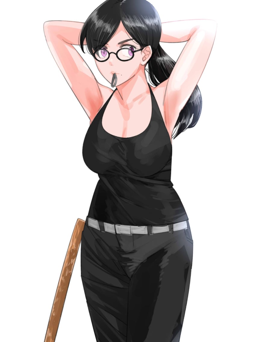 alternate_version_available armpits arms_behind_head arms_up asian asian_female beauty_mark belt big_breasts black_hair black_pants black_shirt eyewear female fully_clothed glasses grey_belt hi_res highres light-skinned_female light_skin long_hair minakata_hizuru mole mole_under_mouth ponytail s580 summer_time_render summertime_render tied_hair violet_eyes