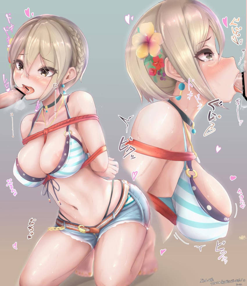 absurdres bikini blush bondage bound breasts fellatio female flower grey_hair hair_flower hair_ornament highres idolmaster idolmaster_cinderella_girls idolmaster_cinderella_girls_starlight_stage male oral penis saimoto_(saimotocore) shiomi_syuko short_hair swimsuit tears