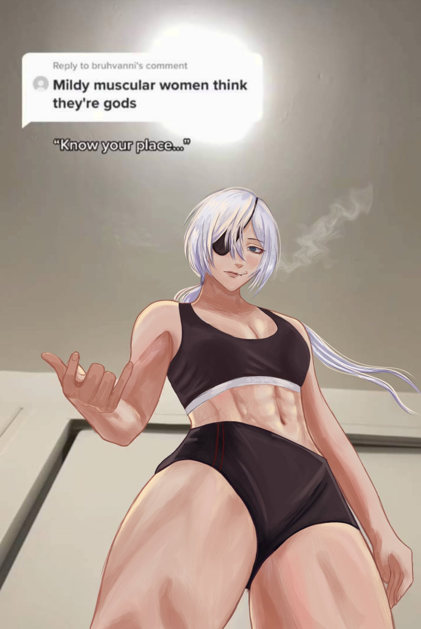 1girls abs chainsaw_man cigarette eyepatch femdom know_your_place light-skinned_female meme mildly_muscular_woman muscular muscular_female quanxi_(chainsaw_man) shounen_jump smoking taesty thick_thighs