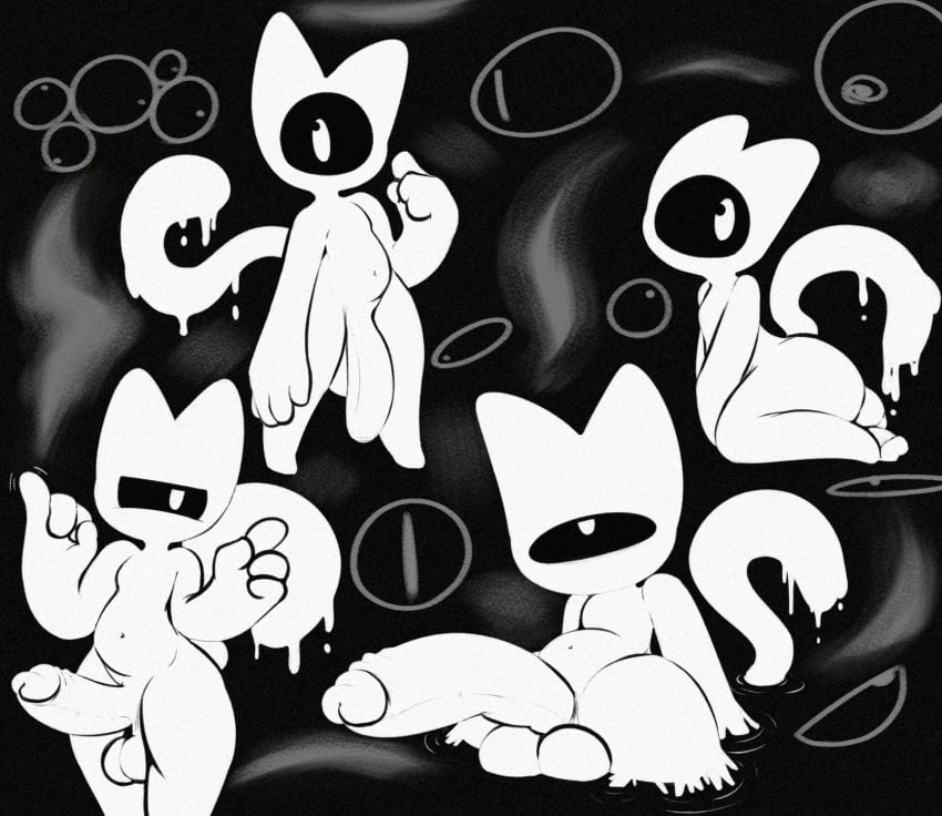 1_eye 2022 anthro ass balls big_balls big_penis domestic_cat felid feline felis genitals ghost hi_res huge_balls huge_cock male mammal navel o_(rabblet) penis rabblet solo spirit thick_thighs