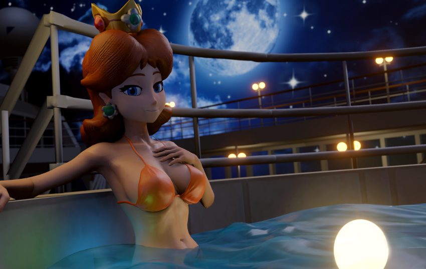 1girls 3d big_breasts bikini blue_eyes breasts brown_hair busty cleavage female female_only hand_on_own_chest hi_res inkbennie large_breasts looking_at_viewer mario_(series) moon night nintendo orange_bikini princess princess_daisy short_hair smile solo swimsuit tub water