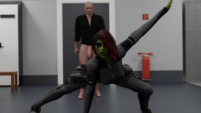 3d alexfrazer alien alien_girl alien_look_like_human arm_up background bald big_penis bodysuit bottomless bottomless_male clothed clothed_female clothing detailed_background facepaint fire_extinguisher fist gamora genitals green-skinned_female green_skin grey_clothing guardians_of_the_galaxy guardians_of_the_galaxy_(game) hair holster holstered_weapon indoors light-skinned_male light_skin long_hair long_sleeves looking_at_viewer marvel open_mouth penis pistol pose ranged_weapon red_hair shirt superhero_landing two_tone_hair weapon zipper zipper_down