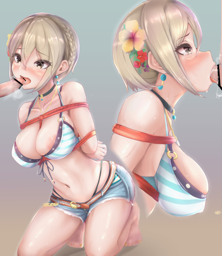 absurdres bikini blush bondage bound breasts fellatio female flower grey_hair hair_flower hair_ornament highres idolmaster idolmaster_cinderella_girls idolmaster_cinderella_girls_starlight_stage male oral penis saimoto_(saimotocore) shiomi_syuko short_hair swimsuit tears