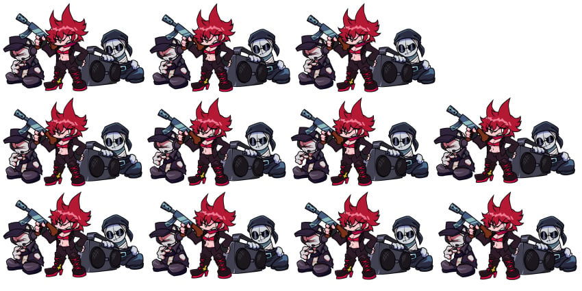 1girls 2boys angry_face artist_request boots cartoony cassandra_(newgrounds) deimos_(madness_combat) fnf fnf_mods friday_night_funkin friday_night_funkin_mod goth_girl gun red_hair sanford_(madness_combat) sprite sprite_art sprite_sheet tagme transparent_background