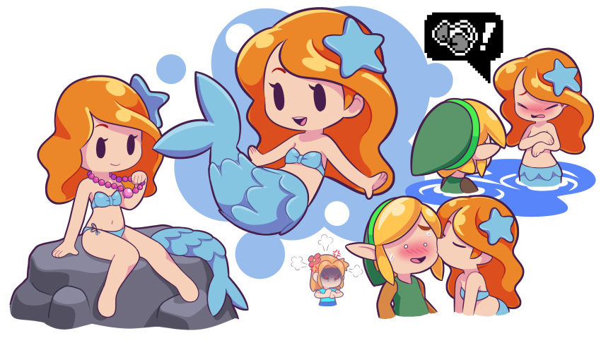 1boy 1girls 5_fingers angry_face bad_censor bikini blue_tail blush bra color covering cute digital_media_(artwork) embarrassed female female_focus human jpeg kissing kissing_cheek link's_awakening male marin martha_(link’s_awakening) mermaid mermaid_costume mermaid_tail mob_face mouthless nintendo orange_hair simple_background smile smiling starbirbz starfish straight_hair tail the_legend_of_zelda toon_link white_background