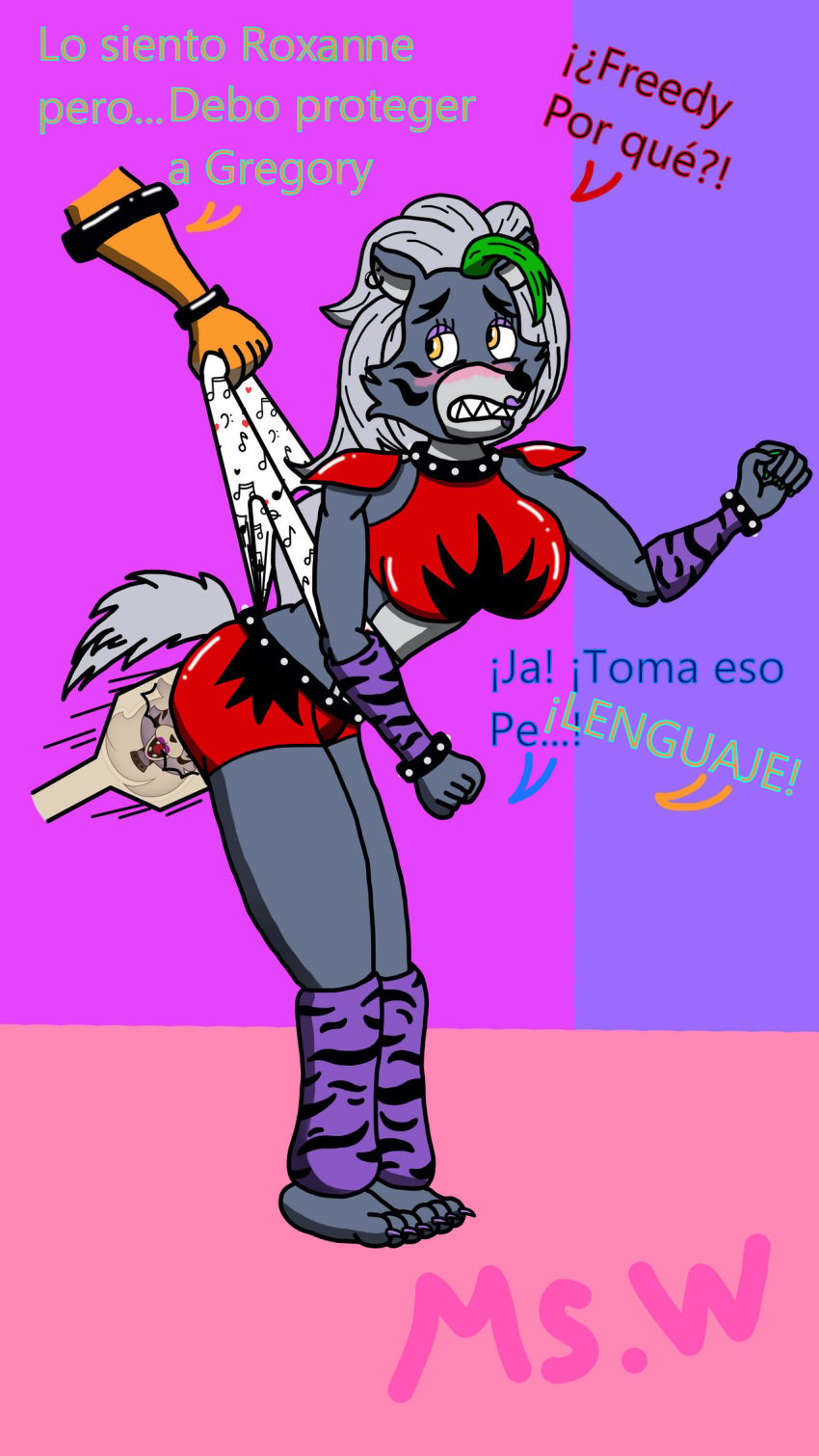 animatronic anthro blush childish_panties claws digital_media_(artwork) five_nights_at_freddy's five_nights_at_freddy's:_security_breach grey_hair mswedgie123 purple_background red_clothes roxanne_wolf_(fnaf) scottgames spanish_text spanking spanking_ass spanking_butt spanking_paddle text wedgie wedgie_spanking wolf_girl