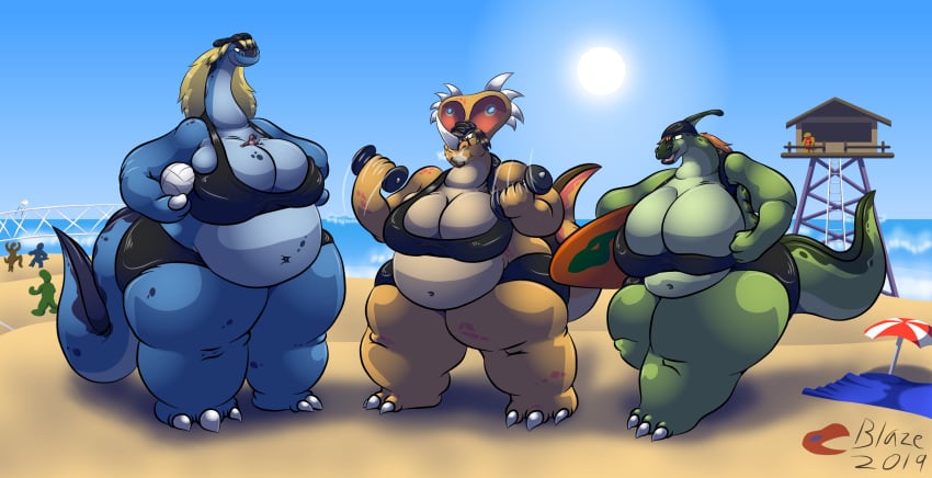 3girls anthro anthro_female backwards_baseball_cap backwards_cap backwards_hat bayusha_(blaze_koopa) bbw beach belly belly_bulge big_breasts blaze_koopa blonde_hair blue_body blue_eyes blue_skin brachiosaurus breasts breasts_out_of_clothes brown_hair constantine_(blaze_koopa) dino_girl dinosaur dinosaur_girl dinosaur_tail fat female female_anthro female_focus giantess green_body green_eyes green_skin head_crest horns ill_fitting_clothing long_neck long_tail macro obese orange_hair overweight parasaurolophus pomeline_(blaze_koopa) size_difference sky spots ssbbw stefka_(blaze_koopa) styracosaurus sun surfboard thick_hips thick_tail thick_thighs thunder_thighs volleyball weightlifting workout yellow_body yellow_eyes yellow_skin