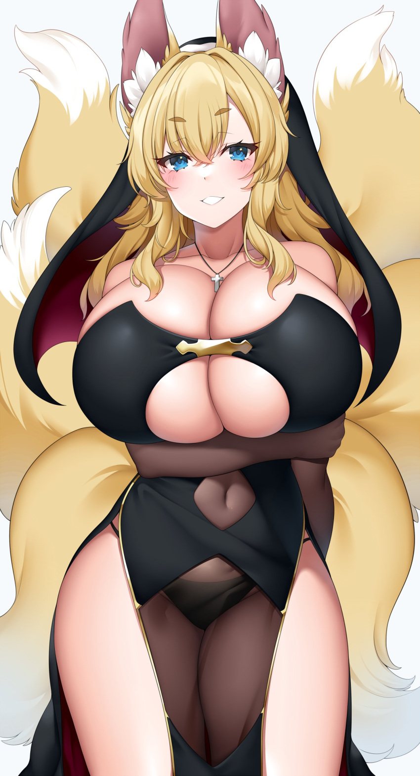 1girls blonde_hair blue_eyes blush breasts cleavage cross_necklace female fluffy_ears fluffy_tail fox_ears fox_girl hips huge_breasts kemonomimi kitsune light-skinned_female light_skin long_hair multiple_tails nun nun's_habit oc original_character smile suruga_(xsurugax) tail thick_thighs thighs wide_hips