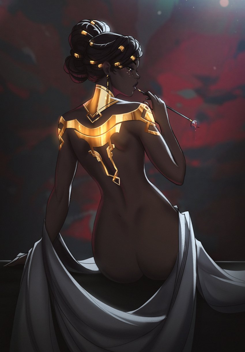 1girls arcane artistic_nude ass back background black_female black_hair blanket casual dark-skinned_female dark_skin dreadlocks earrings eyelashes eyes female female_only gold_(metal) green_eyes hair_ornament holding human human_only jewelry league_of_legends looking_at_viewer looking_back looking_back_at_viewer megssin mel_medarda nude_female open_eyes parted_lips piercing pinup pose rear_view seductive solo thin_waist