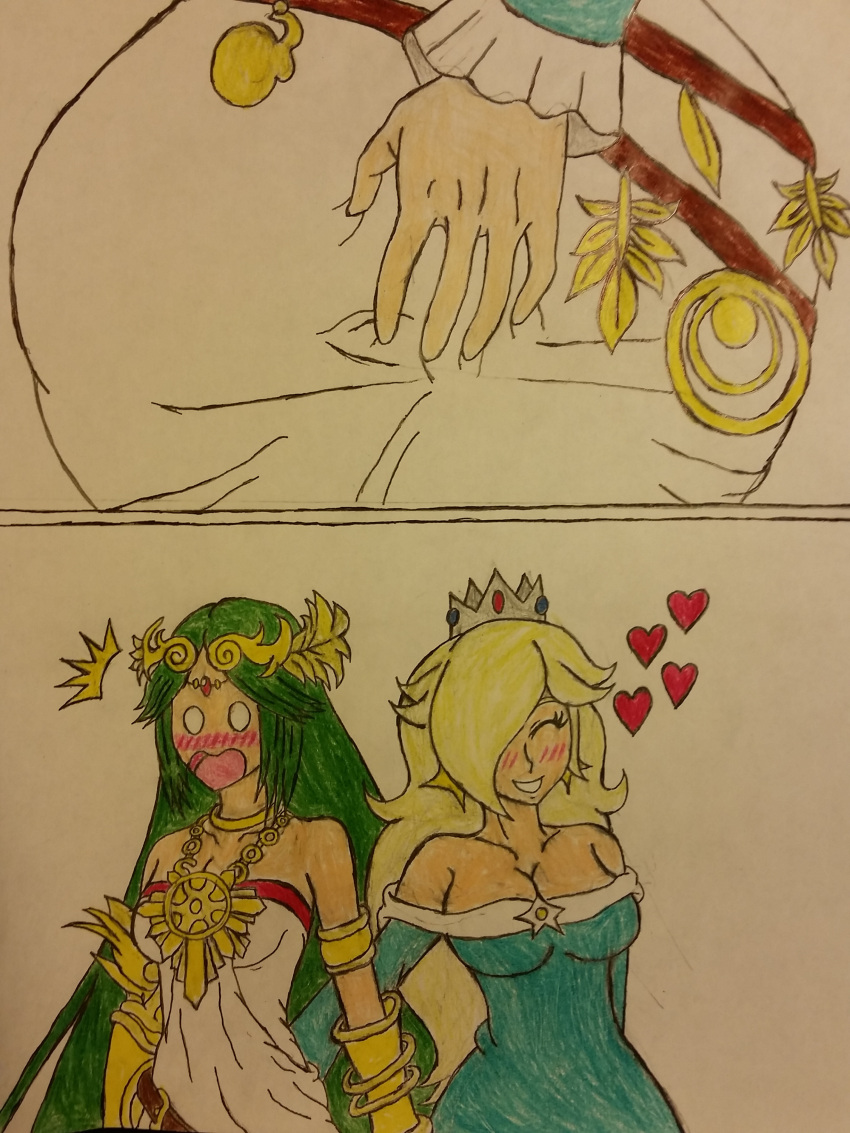 2girls ass breasts clothed company_connection crossover dcb2art duo female female_only kid_icarus mario_(series) nintendo palutena princess_rosalina tagme traditional_media_(artwork) yuri