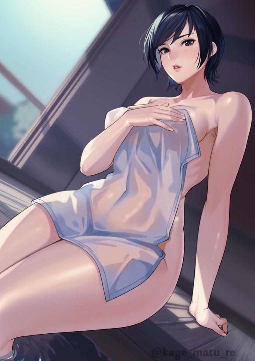 1girls black_hair blush breasts brown_eyes covered_navel covering dutch_angle female hand_on_own_chest highres indoors kagematsuri looking_at_viewer medium_breasts nude on_floor original short_hair sitting thighs towel very_short_hair water