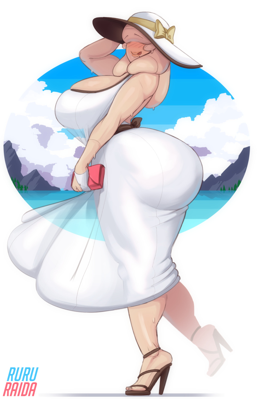 2d 2d_(artwork) beach blush bubble_head_nurse dress huge_ass huge_breasts looking_at_viewer no_eyes nurse_(silent_hill) original original_character ruru-raida silent_hill smile sun_hat thick_thighs