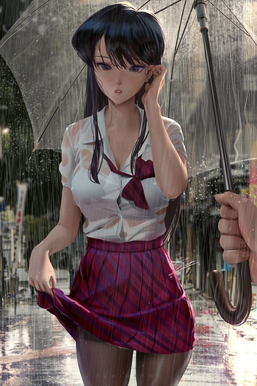 1girls black_eyes black_hair black_legwear black_pawpads bra bra_visible_through_clothes cleavage female female_only highres holding_skirt holding_umbrella komi-san_wa_komyushou_desu komi_shouko legwear light-skinned_female looking_at_viewer outdoors outside pantyhose pov rain raining red_skirt school_uniform see-through see-through_clothing skirt solo_focus standing storm transparent_clothing umbrella unicorn untied_tie wet wet_clothes wet_hair wet_shirt wet_skin white_bra zumi