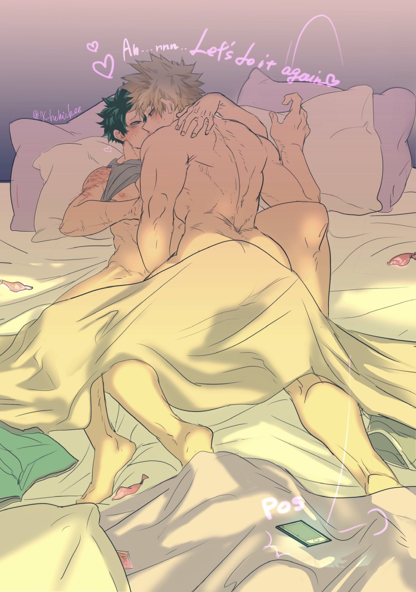 2boys after_sex another_round blonde_hair condom english_text filled_condom gay green_hair izuku_midoriya katsuki_bakugou male male/male male_only midoriya_izuku missionary_position muscular muscular_male my_hero_academia on_bed sex sheets spiky_hair text toned_male used_condom x_hchicbee yaoi