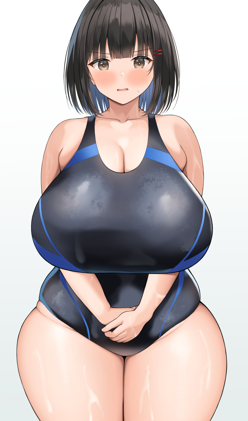 1girls blush breasts brown_eyes brown_hair chubby cleavage competition_swimsuit female hi_res highleg_swimsuit hips huge_breasts light-skinned_female light_skin neneneji oc one-piece_swimsuit original_character short_hair simple_background swimsuit thick_thighs thighs thunder_thighs wide_hips