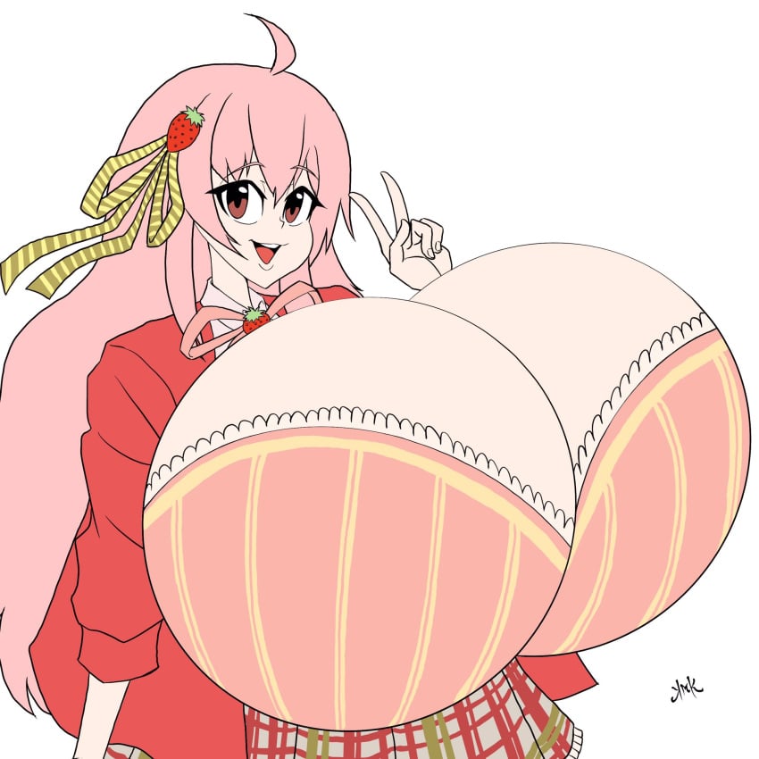 1girls breasts_bigger_than_head breasts_bigger_than_torso brown_eyes clothing fairy_ichika gigantic_breasts hyper indie_virtual_youtuber kuroikai long_hair looking_at_viewer open_eyes open_mouth peace_sign pink_hair round_breasts signature standing tagme virtual_youtuber vtuber