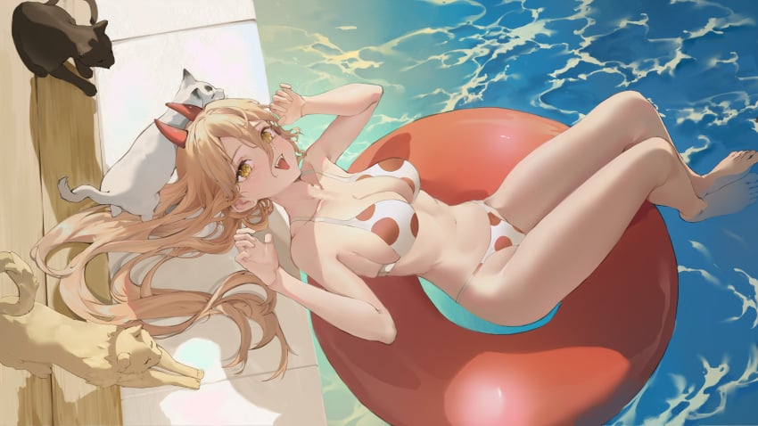 1girls absurd_res barefoot bikini blonde_hair breasts cat chainsaw_man chongsangjun cleavage domestic_cat feet feline horns in_water innertube long_hair looking_at_viewer meowy_(chainsaw_man) midriff navel open_mouth power_(chainsaw_man) solo_female swimsuit teeth toes water yellow_eyes