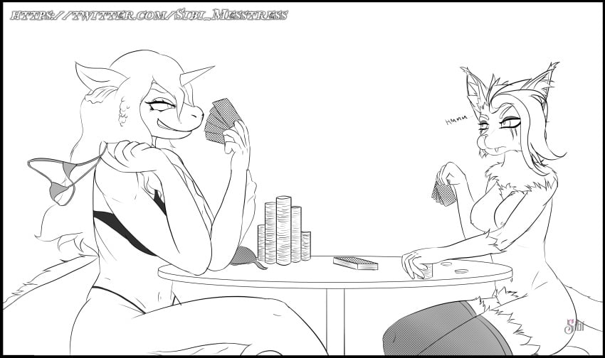 absurd_res anthro breasts card clothing domestic_cat duo felid feline felis female female/female fish hi_res inktober_2022 lingerie maine_coon mammal marine poker poker_chip seahorse sibi_(sibi_the_messtress) sibi_the_messtress syngnathid syngnathiform unknown_character