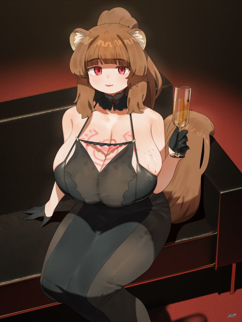 1girls animal_ears animal_tail big_breasts blunt_bangs breasts brown_hair dress eye_contact female female_focus female_only gloves huge_breasts humanoid long_hair looking_at_viewer raphtalia red_eyes ryusei_hashida sitting solo tail tate_no_yuusha_no_nariagari tattoo thick_thighs