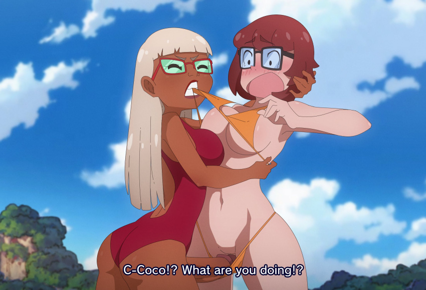 1futa 1girls alternate_version_available bangs bathing_suit big_breasts big_penis bikini biting_clothes blush bra breasts brown_hair chocolate_and_vanilla clothed clothing coco_diablo dark-skinned_futanari dark_skin dialogue duo english_text erection female futa_on_female futanari glasses green-tinted_eyewear human imminent_penetration imminent_sex large_breasts light-skinned_female light_skin long_hair masturbation mostly_nude nerdy_female partially_clothed penis scooby-doo subtitled sunglasses text threetwigs tinted_eyewear trick_or_treat_scooby-doo velma_dinkley