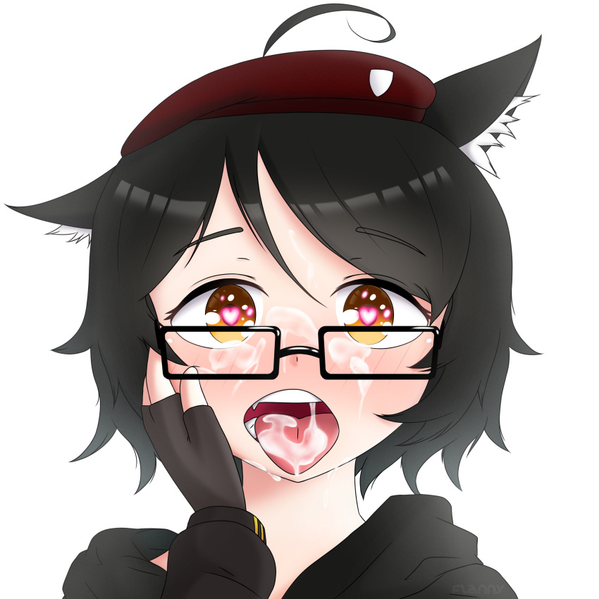 ahe_gao bc_(artist) beret blush commander cum cum_on_face david-ko7554 fangs fox_ears glasses heart-shaped_pupils hoodie kemomimi