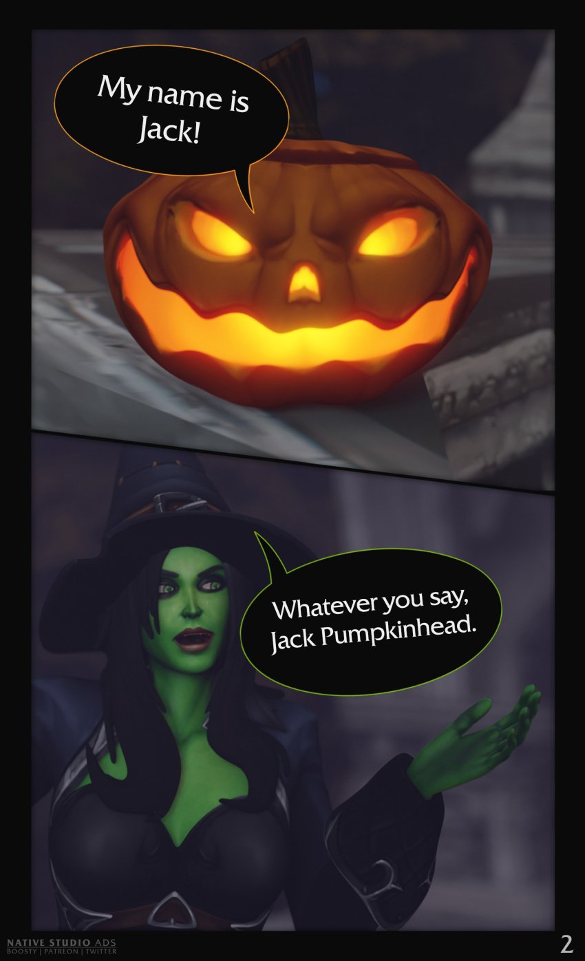 blizzard_entertainment comic comic_page english_text female green_eyes green_skin nativestudio page_2 plant_humanoid pumpkin pumpkin_head pumpkinhead warcraft witch world_of_warcraft