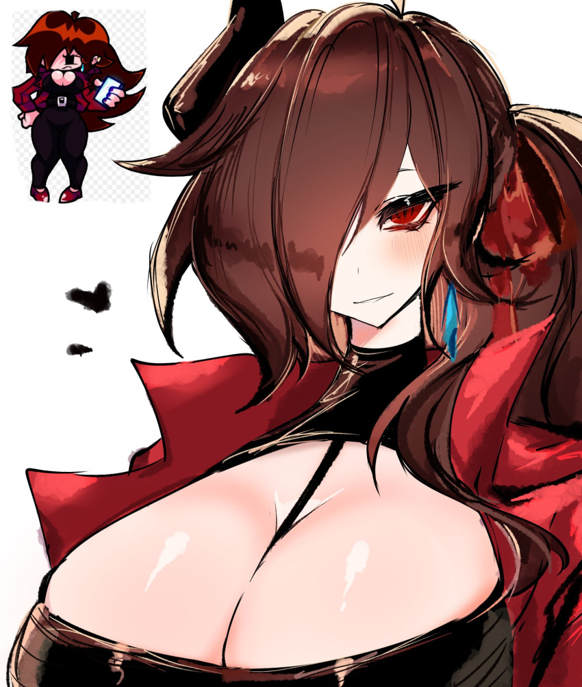 1girls big_breasts cleavage collar demon_girl diamond_earrings earring female friday_night_funkin girlfriend_(friday_night_funkin) heart long_hair looking_at_viewer original_look_to_artist_artstyle phone ponytail red_eyes simple_background trepidation_gf_(friday_night_funkin) usa37107692