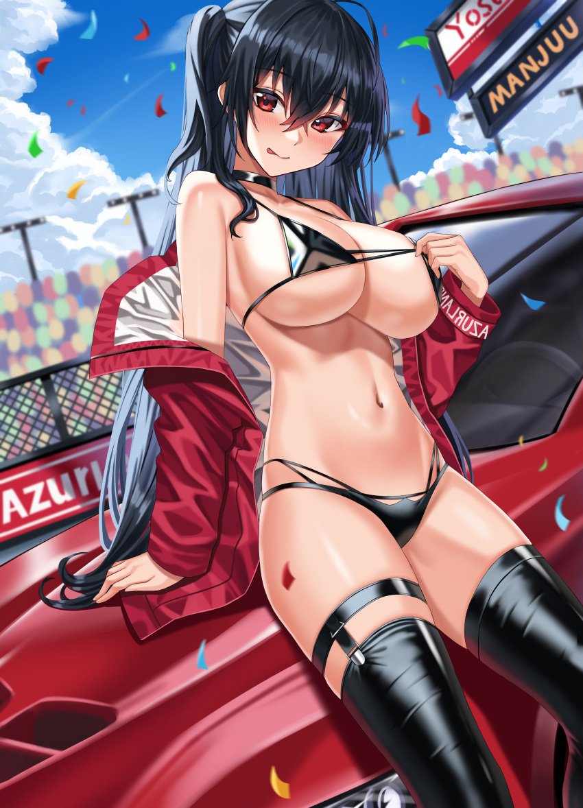 1girls :p absurdres azur_lane bikini black_bikini black_choker black_hair blush breasts car choker cleavage confetti female highleg highleg_bikini highres jacket large_breasts long_hair long_sleeves looking_at_viewer multi-strapped_bikini navel off_shoulder official_alternate_costume one_side_up open_clothes open_jacket outdoors red_eyes red_jacket shocho smile swimsuit taihou_(azur_lane) taihou_(enraptured_companion)_(azur_lane) thighhighs tongue_out vehicle