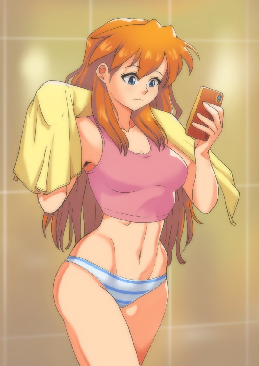 1girls asuka_langley_sohryu blue_eyes breasts collar_bone female female_focus female_only fit_female flat_belly gez1313 gssaturday long_hair midriff navel neon_genesis_evangelion orange_hair panties partially_clothed pelvic_bone pelvic_line phone solo standing thighs towel